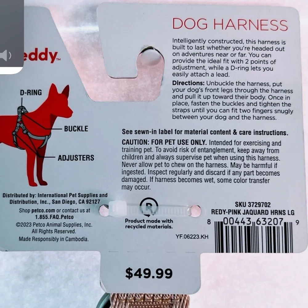 REDDY JACQUARD DOG HARNESS PINK LARGE